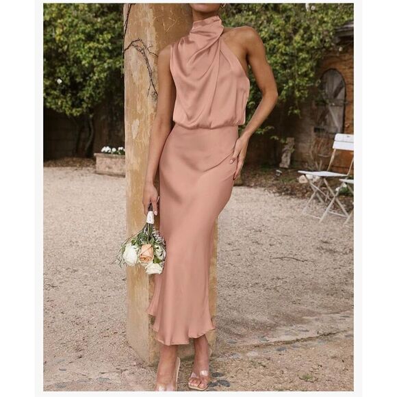 NEW Satin Dress Sleeveless Mock Neck Wedding Guest S - Picture 4 of 7